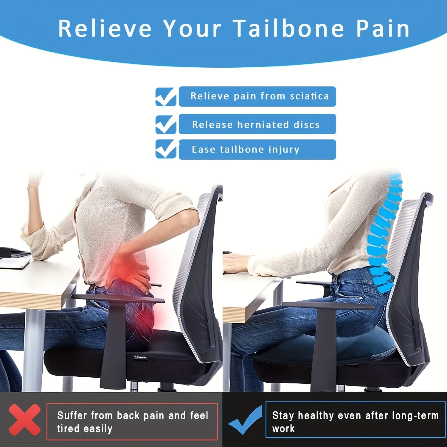 Memory Foam Seat Cushion with Massage Function - Blue Orthopedic Tailbone Pillow for Office Chairs, Car Comfort, and Yoga Support, Removable Cover, Office Chair Cushion Memory Foam Pillow, Cushion Pad