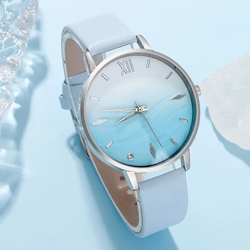 6pcs Set Fashion Women Simple Wrist Watches Blue Rhinestone Quartz Watch PU Leather Strap Ladies Dress Bracelet Watch Set Gifts