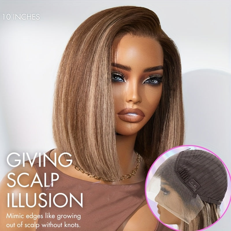 4/27 Highlight Ombre Straight Short Bob Lace Front Wig - 220% Density Human Hair with HD Transparent Lace Closure & Pre-Plucked Baby Hair, Honey Blonde to Dark Brown Gradient - Elegant Style for Women, Perfect for Parties, We