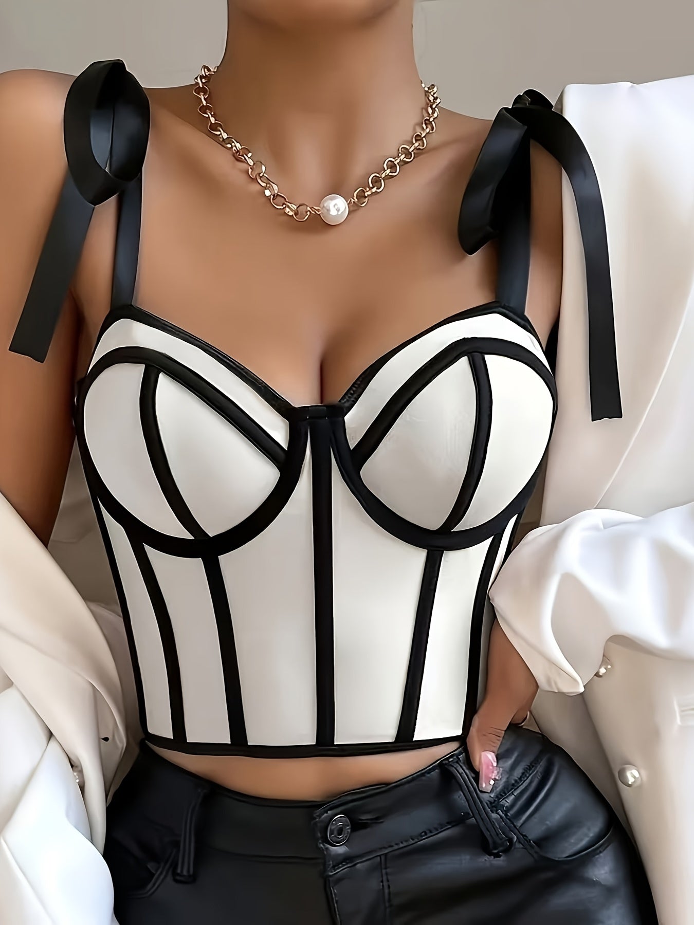 Women's Sexy Sleeveless V-Neck Crop Top with Contrast Mesh Panels & Adjustable Suspenders - High Elasticity Stretchy Fabric, Black & White Striped Design for Casual & Formal Outfits, Sexy Blouses