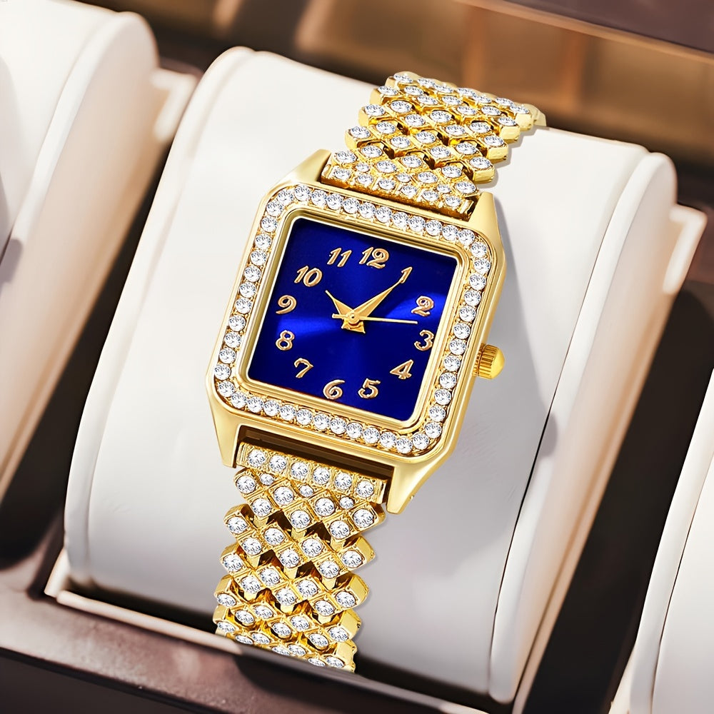 Quartz Watch & Accessory Set - Elegant Analog Navy Blue Dial, Golden Material, Movement with Battery Display, Stylish Present for Women on Any Event or Celebrations