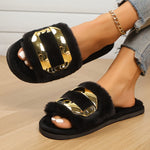 Women'S Black Faux Fur Slippers with Golden Buckle Detail - Soft, Flat Sole, Comfortable Indoor House Shoes for Spring, Summer, and Fall, Seasonal Fashion, Home Slippers