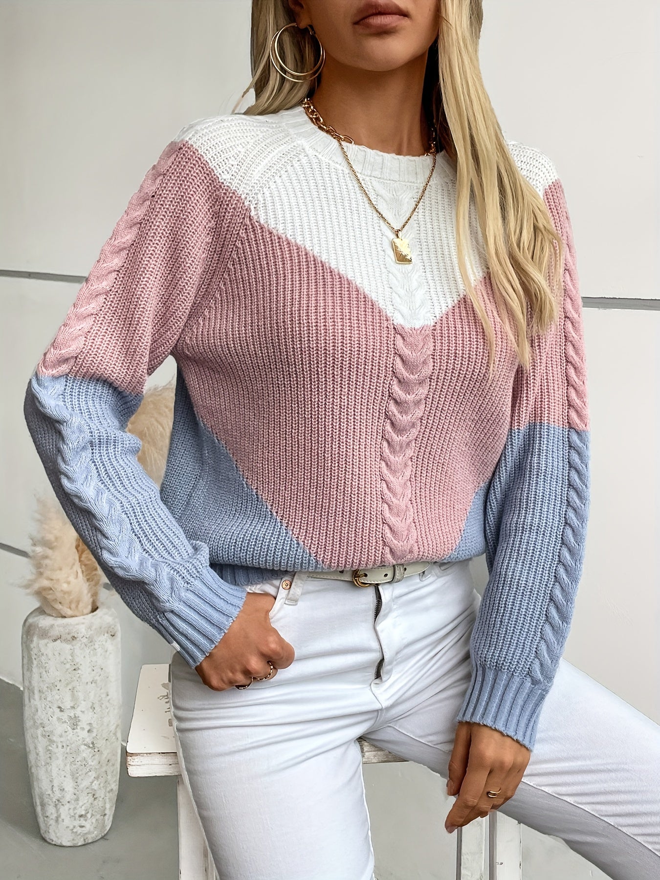 For Fall & Winter, Long Sleeve Color Block Crew Neck Pullover Sweater, Casual Knitted Sweater, Women's Clothing