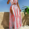 Women's Fashion Beach Vacation Bikini Set, Striped Print, Two-Piece Swimsuit with Halter Top And Skirted Bottom