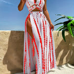 Women's Fashion Beach Vacation Bikini Set, Striped Print, Two-Piece Swimsuit with Halter Top And Skirted Bottom