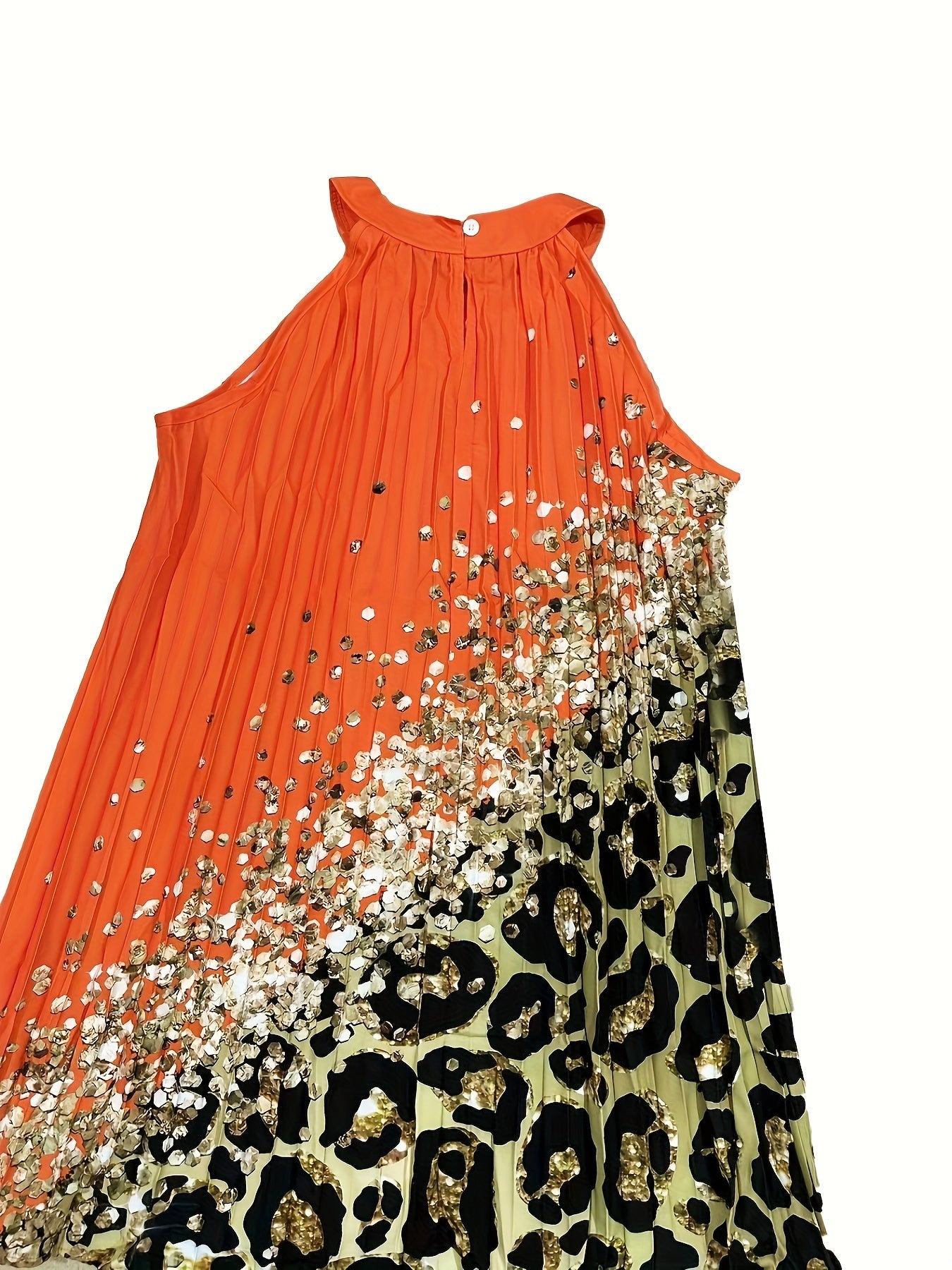 Graphic Print Pleated Halter Neck Dress, Elegant Sleeveless Loose Dress For Spring & Summer, Women's Clothing