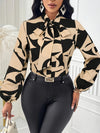 Elegant Geometric Print Blouse with Tie-Neck & Lantern Sleeves - Machine Washable, Beige & Black Color Block Design, Versatile for All Seasons, Perfect for Office or Casual Outfits