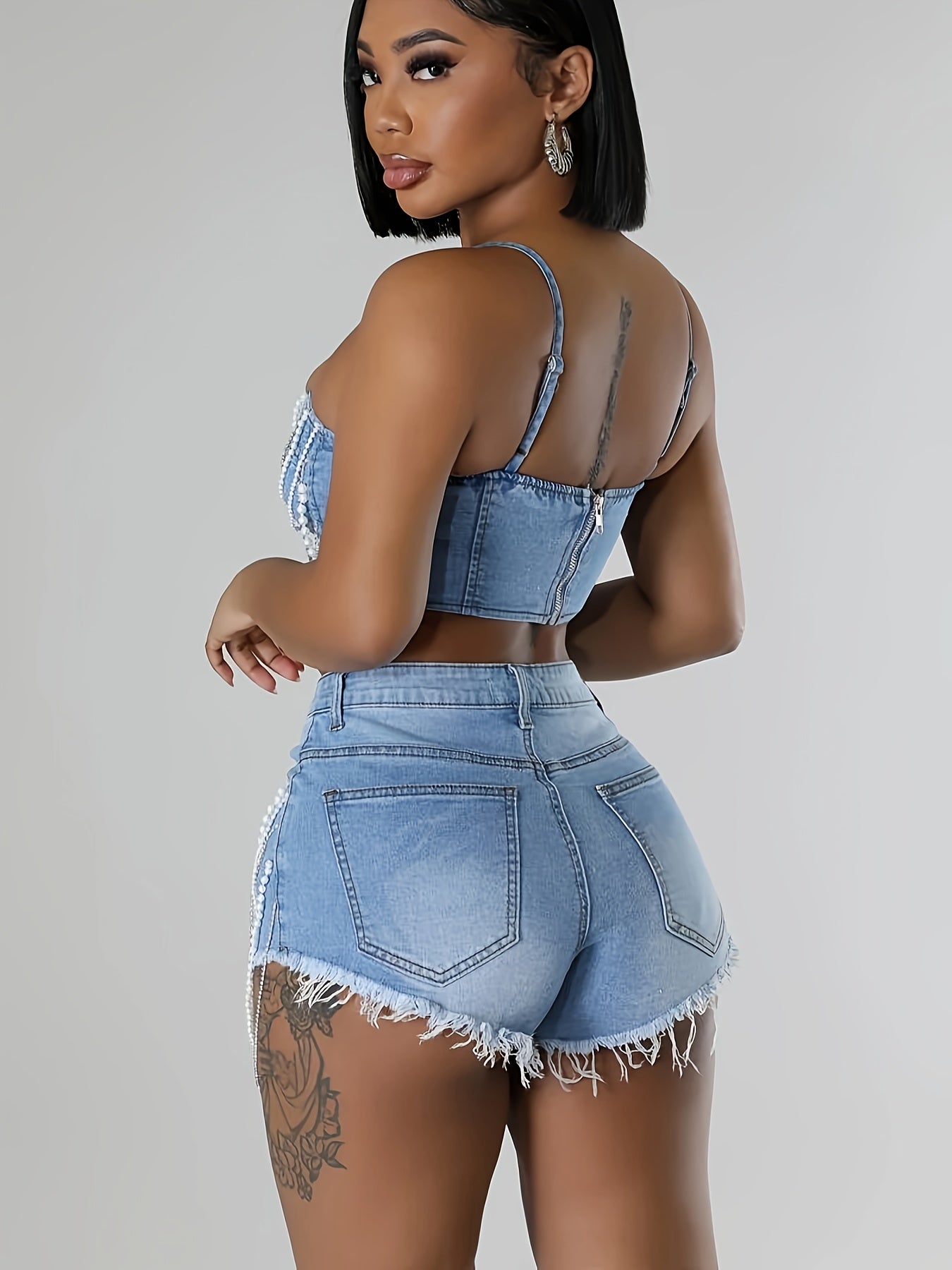 Women Sexy 2pcs Pearl Chain Vest Bodycon Hot Shorts Cocktail Outfit Sportswear Jeans Set
