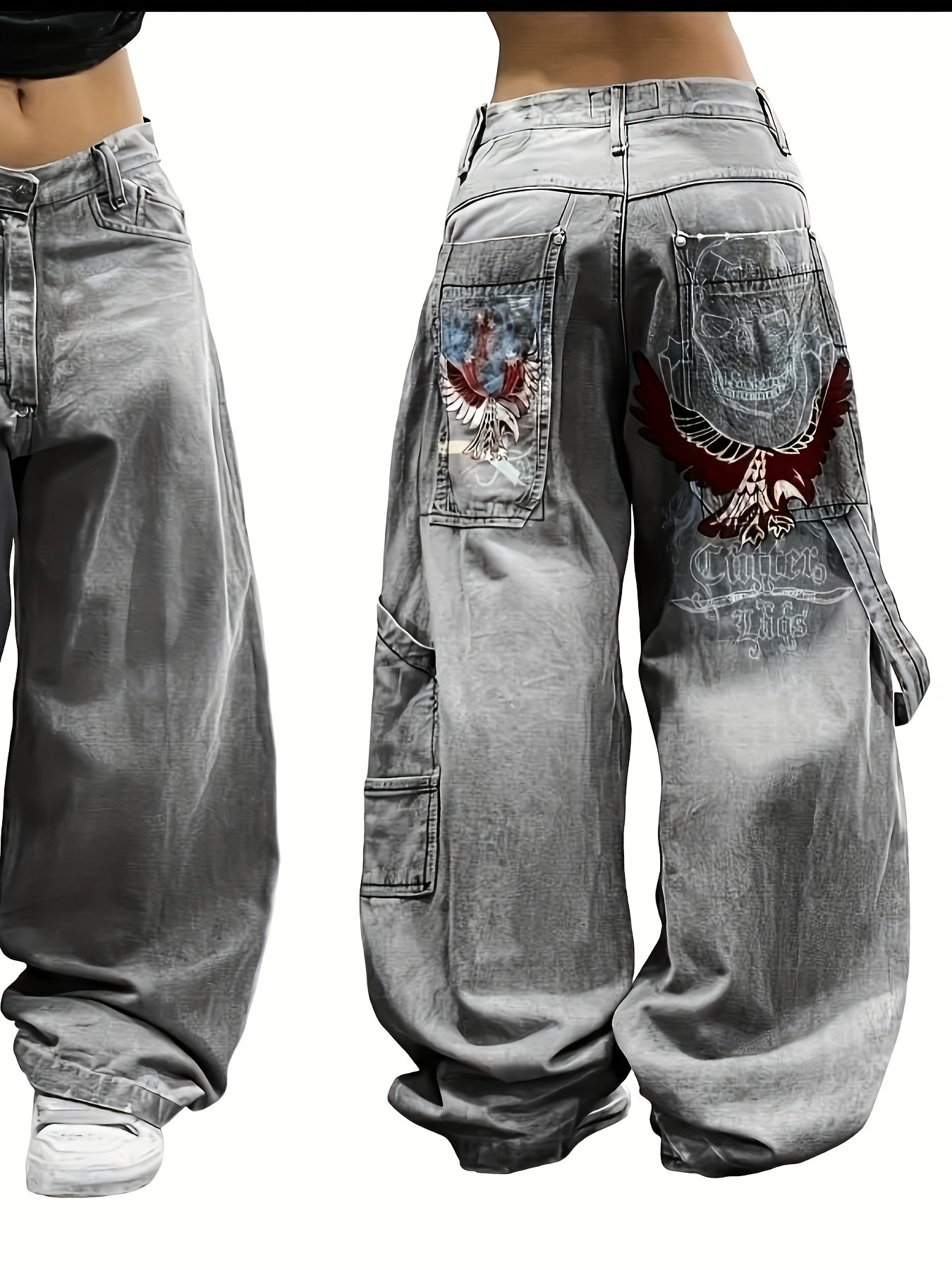 Print-Inspired Y2K Street Style Loose Fit Wide Leg Jeans for Women & Men - Gray Washed Denim with Eagle Design, Polyester Blend, Comfortable & Stylish Hip-Hop Fashion Pants, Casual Wear Pants | Patched Pocket Jeans | Durable