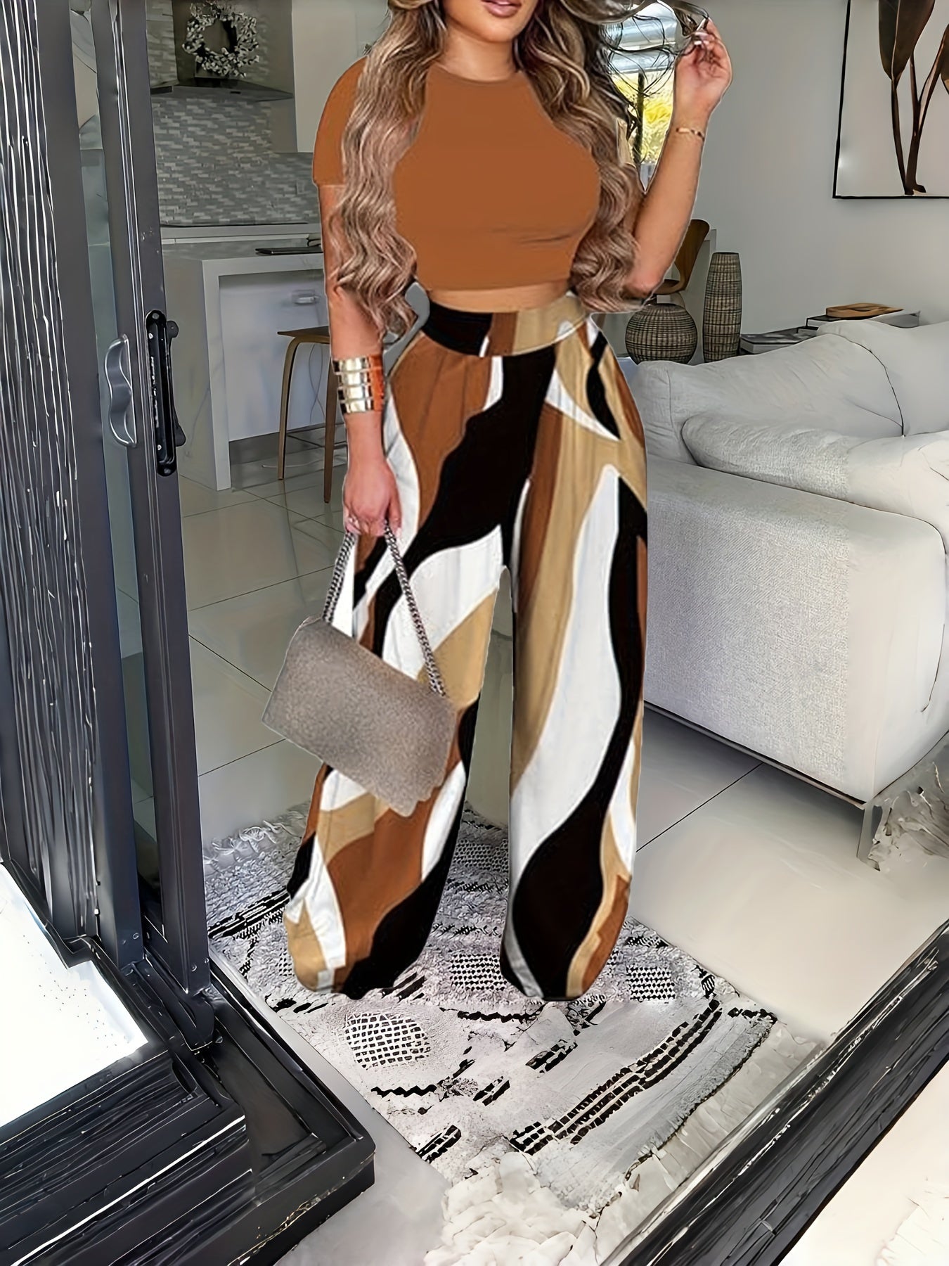 Spring & Summer Essentials - Solid Color Crew Neck Short Sleeve Crop Top & Wide Leg Pants Outfits - Comfortable, Breathable, and Versatile Women's Clothing Set for Casual Occasions