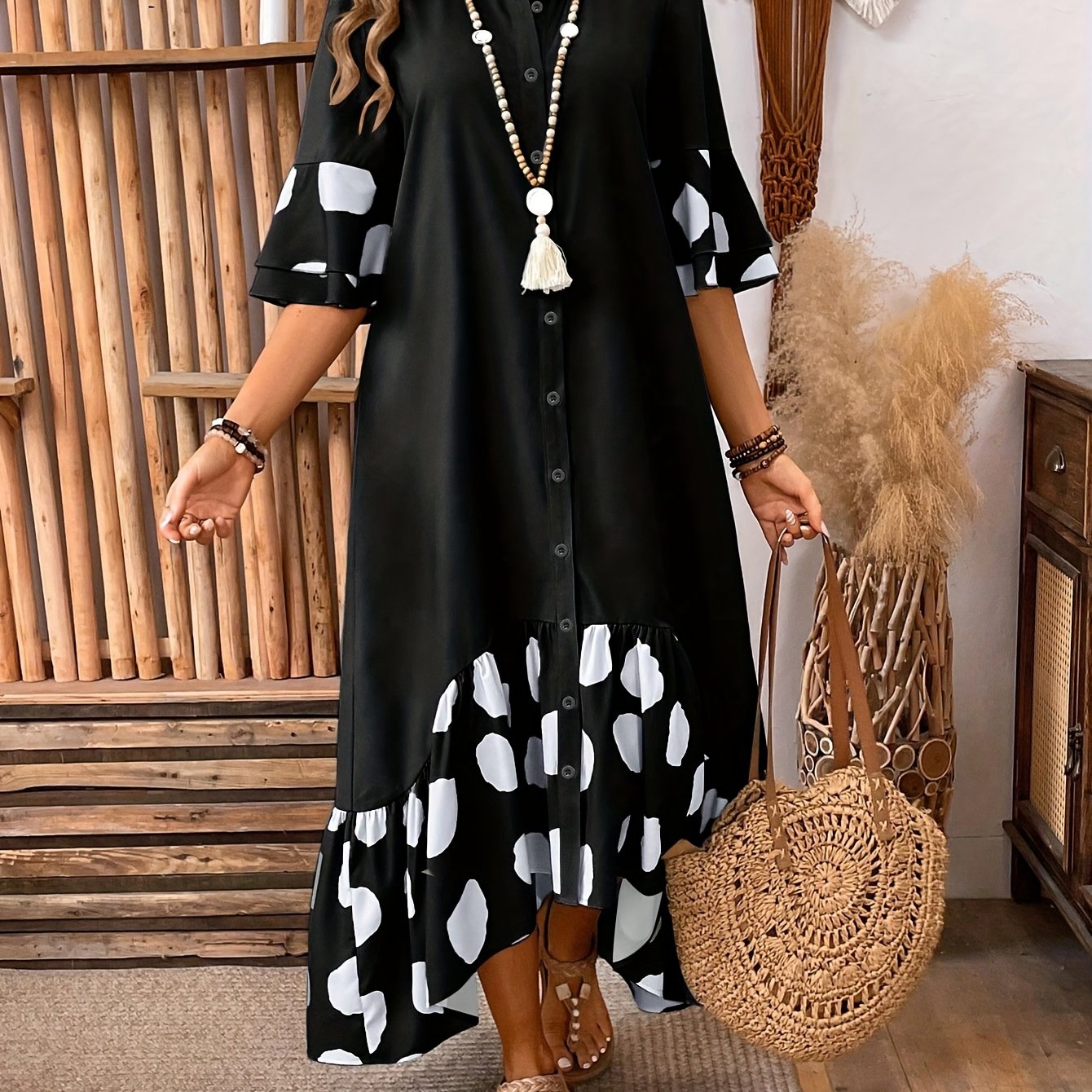 Elegant Women'S Long Sleeveless Dress with Front Button Detail and Polka Dot Print - Semi-Sheer A-Line Midi Skirt Dress for Spring/Fall, Cute Dress