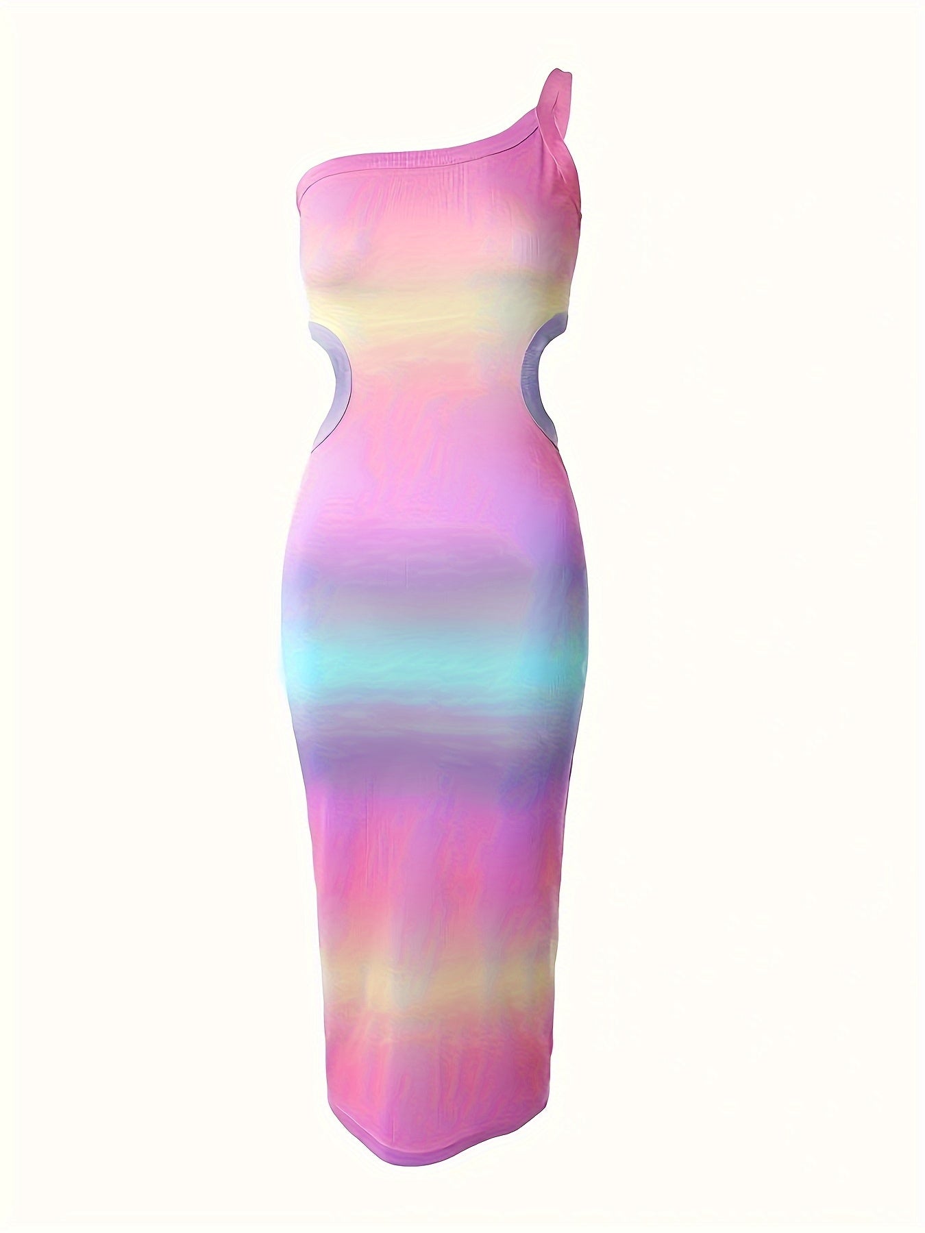 Ombre One Shoulder Ribbed Knit Dress, Sexy Hollow Bodycon Dress For Spring & Summer, Women's Clothing