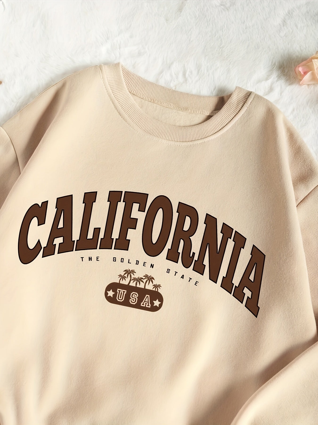 Women's Crew Neck "California" Graphic Sweatshirt and Drawstring Waist Shorts Set, Casual Sporty Loungewear Outfit