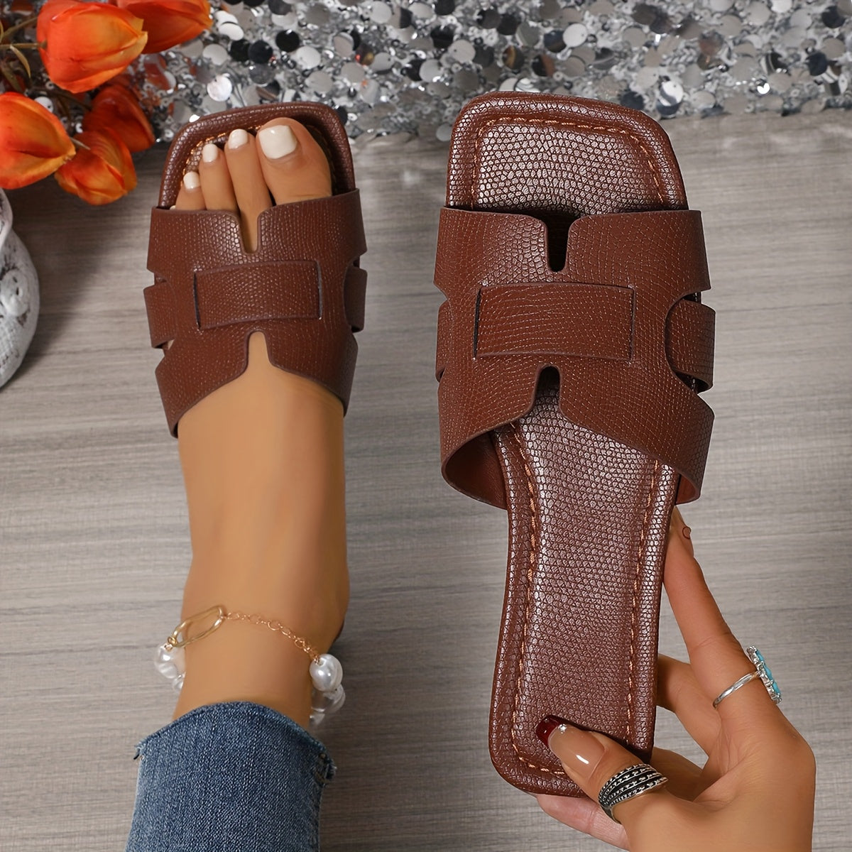 Women's Summer Flat Slide Sandals - Lightweight, Open Toe with Snakeskin Pattern Straps, Casual Elegant Style in Multiple Colors, Perfect for Party and Casual Attire, Strappy Sandals