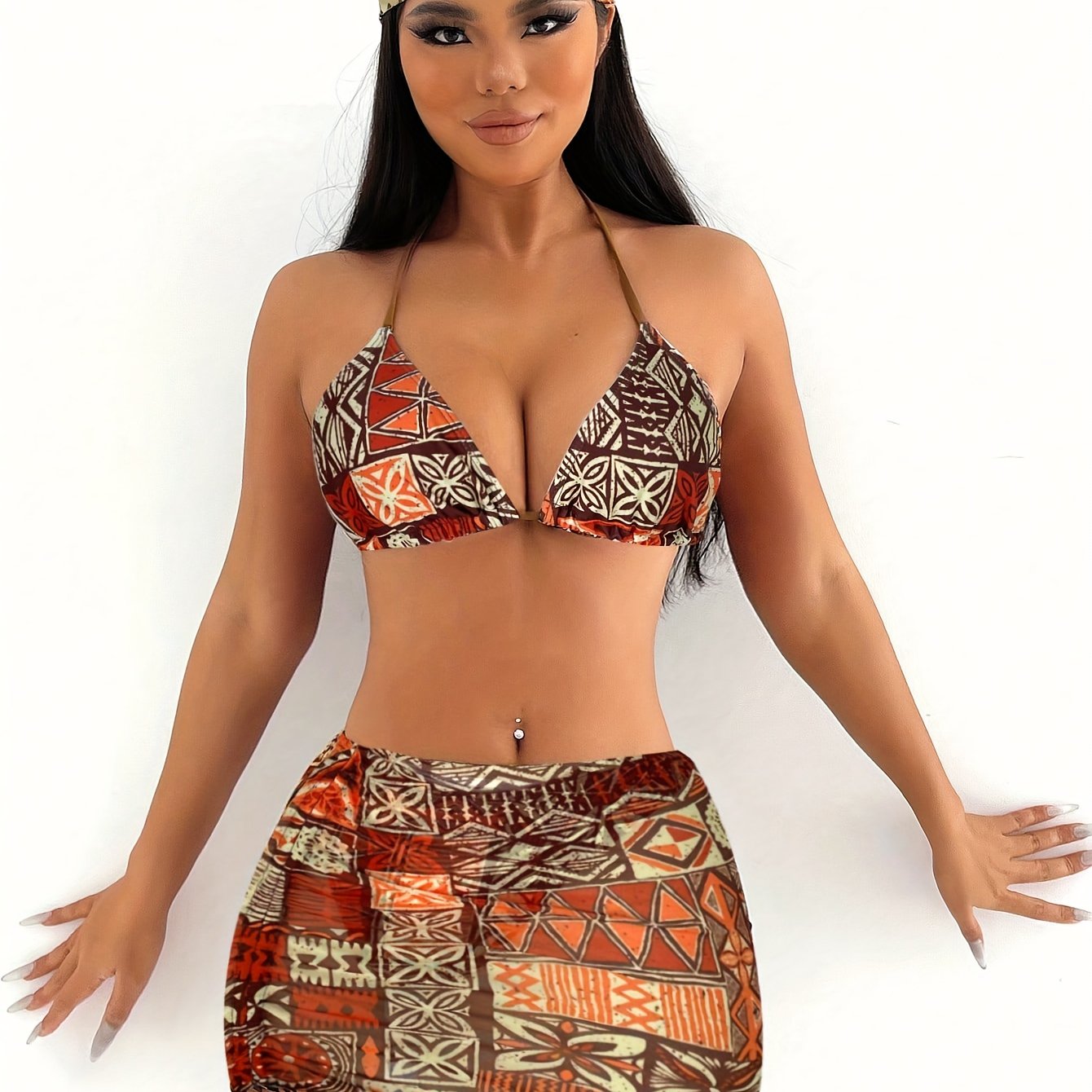 Women'S 2024 New Geometric Pattern Bikini Set with Headscarf, Polyester High Elasticity, Halter Neck, Sleeveless, Tie Detail, Swimwear Outfit for Ladies