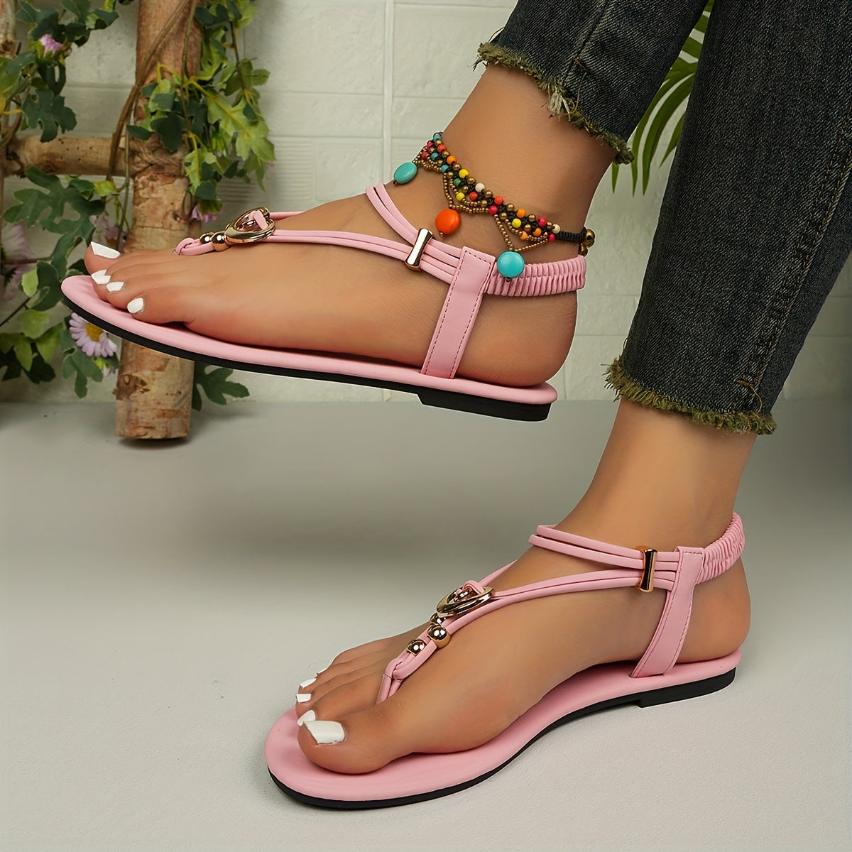 Women's Summer Flat Sandals - Boho Style Buckle Decor Elastic Strap Slip On Shoes - Casual Summer Beach Sandals - For Women -  Suitable for Summer, Beach, Vacation - Perfect Gift for Fashionable Women