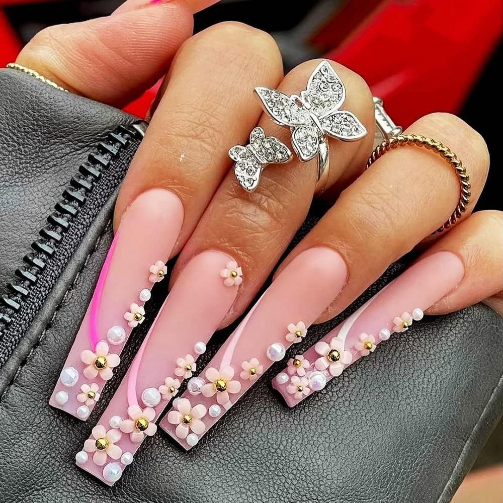 3D Flower Nail Charms, 4 Boxes 3D Acrylic Flower Nail Art Rhinestones White Pink Mixed Cherry Blossom Spring Gems Acrylic Nail Supplies with Pearls Manicure DIY Nail Decorations