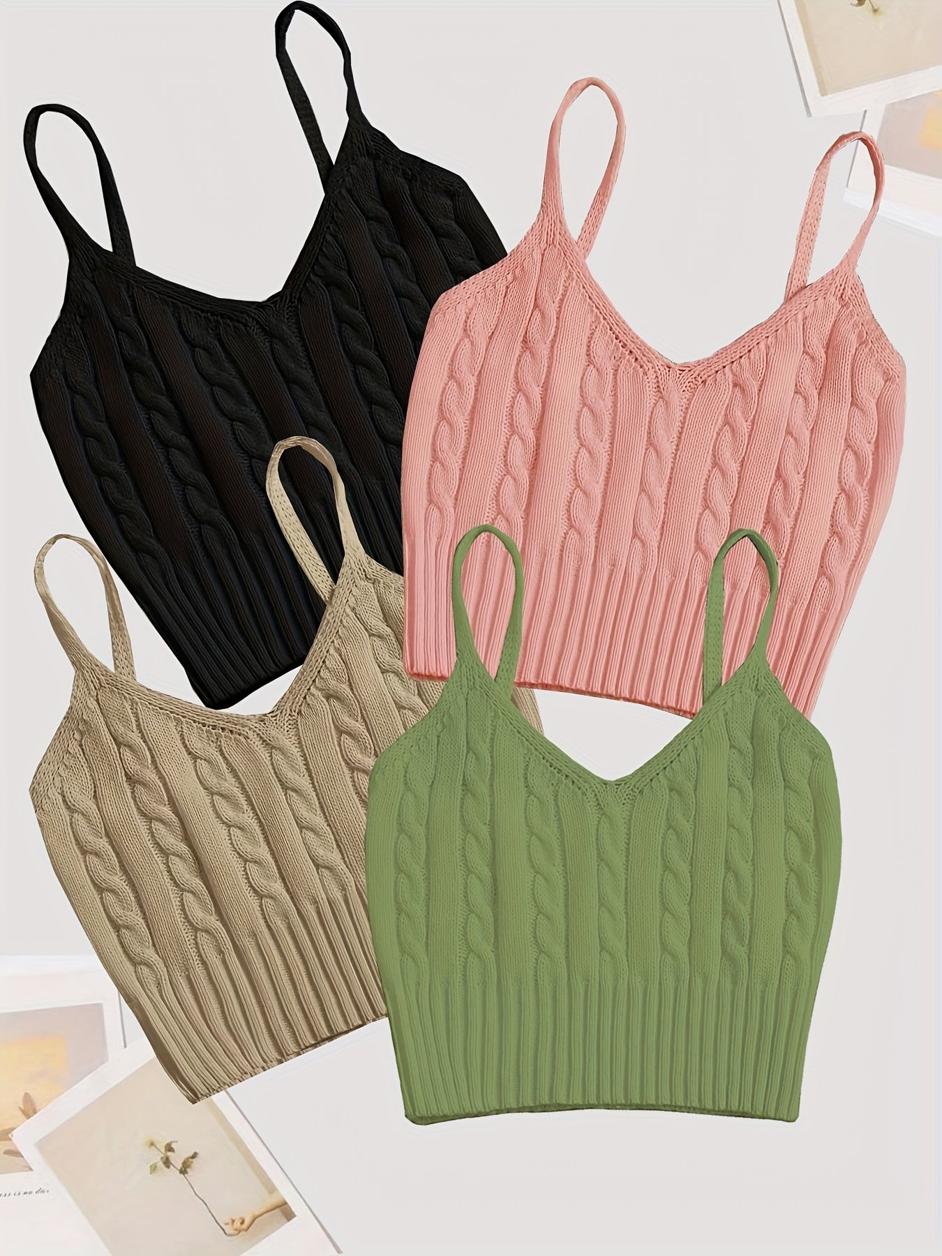 Valentine's Day 4 Packs Cable Knit Cami Tops, Versatile Crop V Neck Summer Sleeveless Cami Tops, Women's Clothing