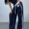 Women's Y2K Fashion Casual Pants - Navy Blue Striped Straight-Leg Trousers with Letter Detail, Drawstring Waist, Machine Washable, Polyester and Elastane Blend, Casual Wear Pants | 90S Inspired Fashion | Smooth Fabric Finish