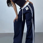 Women's Y2K Fashion Casual Pants - Navy Blue Striped Straight-Leg Trousers with Letter Detail, Drawstring Waist, Machine Washable, Polyester and Elastane Blend, Casual Wear Pants | 90S Inspired Fashion | Smooth Fabric Finish