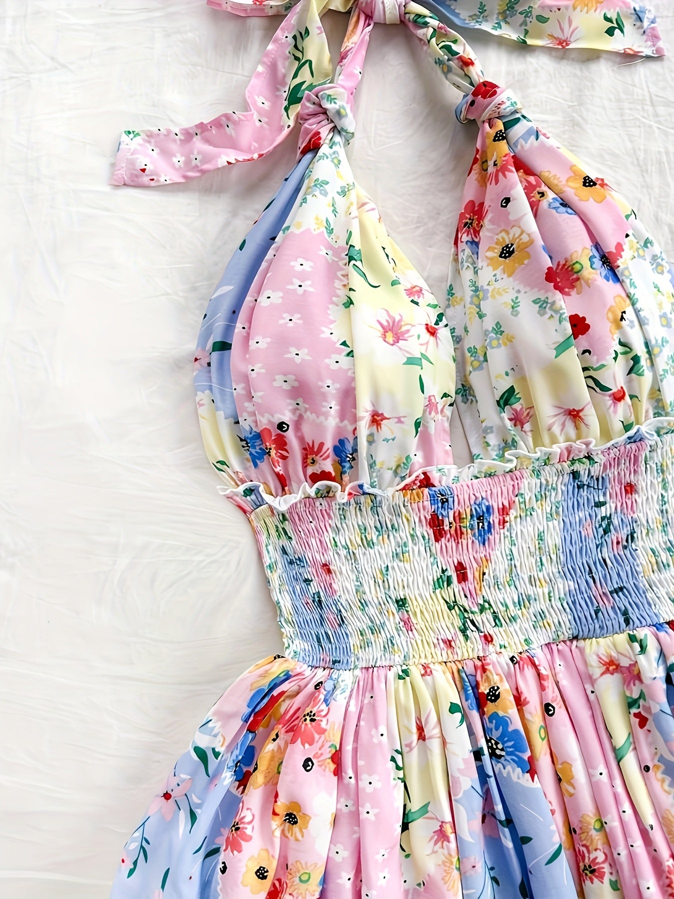 Floral Print Halter Suspender Dress for Women - Elegant Spring/Summer Sleeveless Mini Dress with Shirred Detail, Vibrant Floral Pattern, Lightweight Polyester, Perfect for Casual or Dressy Occasions, Formal Outfit | Bowknot D