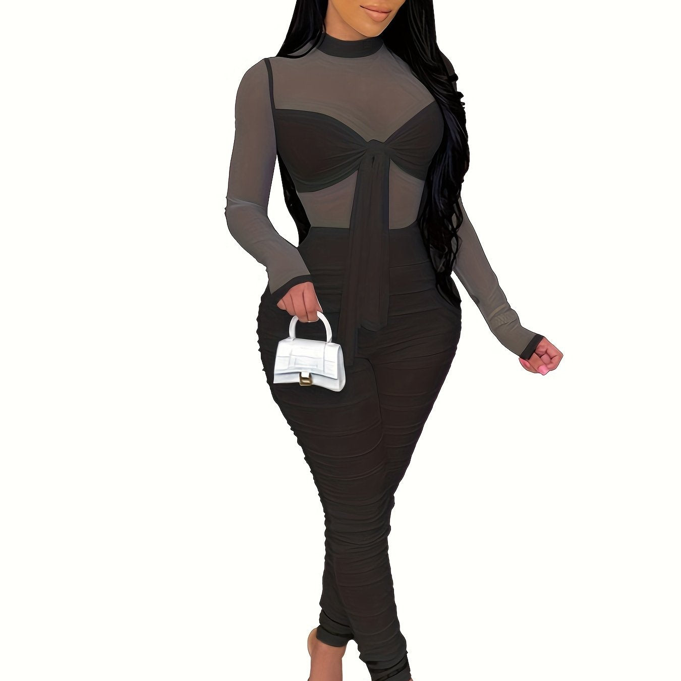 Women's Sexy High Neck Semi-Sheer Mesh suit with Metal Chain Accents - Bodycon Long Sleeve Spring , Mustard Yellow, Machine Washable