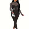 Women's Sexy High Neck Semi-Sheer Mesh suit with Metal Chain Accents - Bodycon Long Sleeve Spring , Mustard Yellow, Machine Washable
