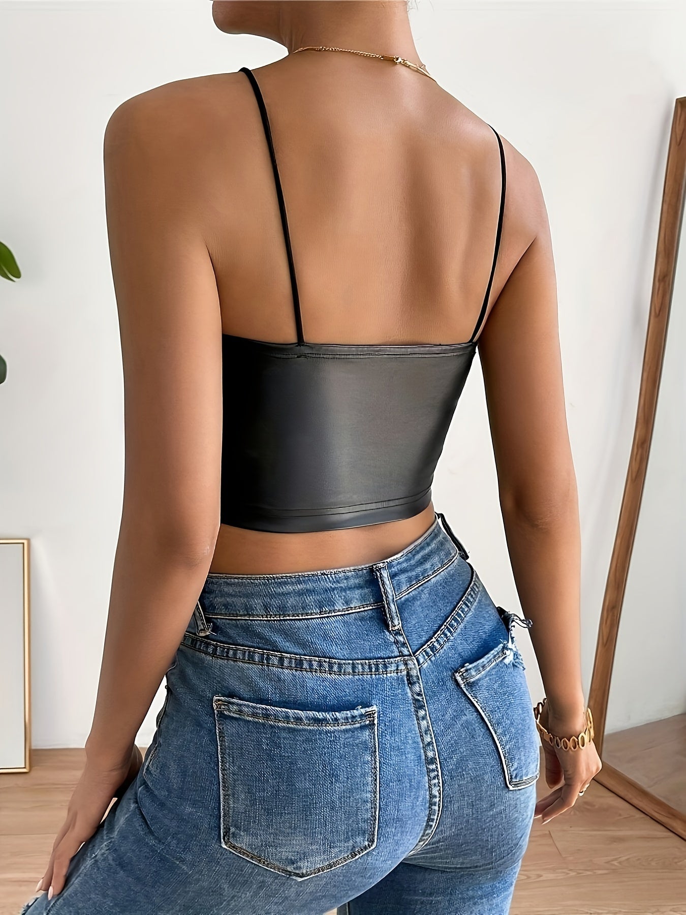 Contrast Lace Pintuck Crop Sling Top, Sexy Plunging Slim Fit Sleeveless Cami Top For Party & Club, Women's Clothing