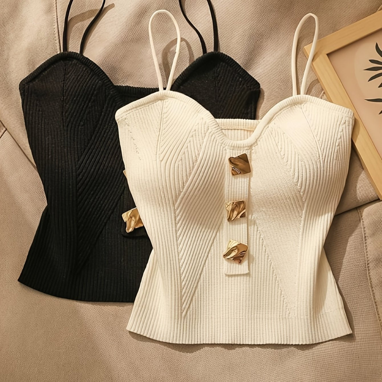 2pcs Women'S Strap Camisole Vests - Sleeveless Open Back Crop Tops for Layering, Black & White, Button-Up Design with Ribbed Detail, Casual Chic Style