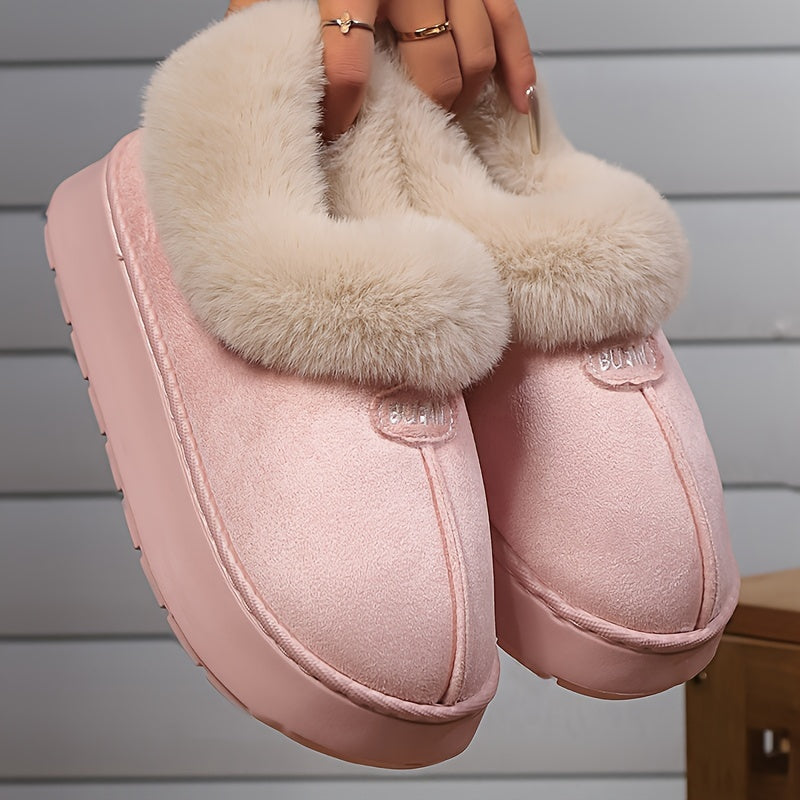Women'S Preppy Solid Color Slip on Furry Slippers, Soft Warm Plus Fleece House Shoes with Round Toe, EVA Sole, Fabric Upper and Inner Material, Casual All-season Slippers