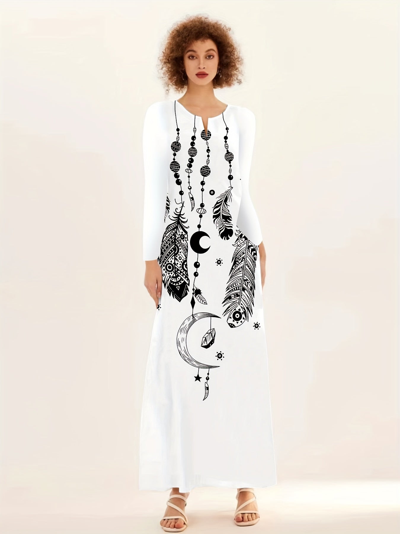 Feather Print V Neck Long Dress, Casual Long Sleeve Dress For Spring & Fall, Women's Clothing