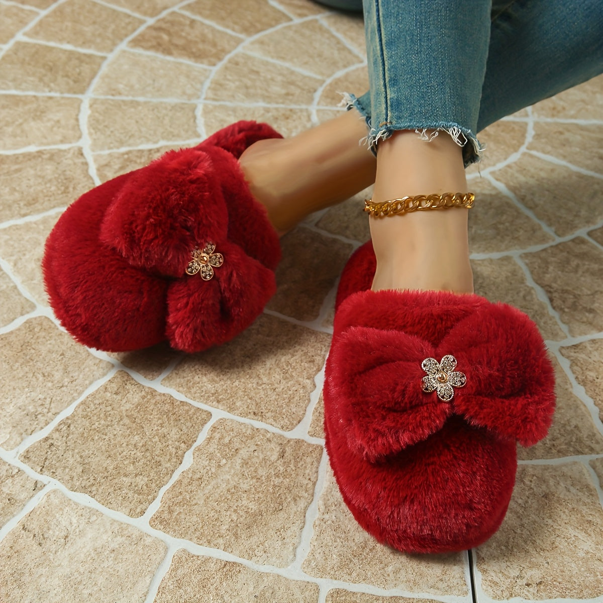Elegant Wine Red Faux Rabbit Fur Slippers with Large Bowknot Design, Comfortable Non-Slip Indoor Slippers for Women, Soft Fabric Lining, TPR Sole - Perfect for Autumn and Winter, Indoor Slippers|Bowknot Design|Soft Fabric Sli