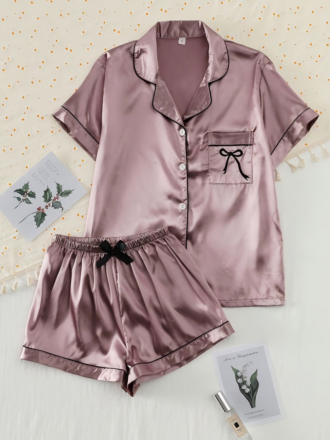 6pcs Colorful Satin Women'S Pajama Set, Short Sleeve Embroidered Lapel Top and Bowknot Shorts, Women'S Pajamas and Home Clothes