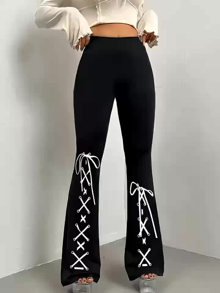 Women's Flared Pants | Black with White Lace-Up Design | Stretchy Polyester-Spandex Blend | Casual All-Season Wear | Machine Washable | Slim Fit Bell Bottoms for Everyday Style, Allseason Trousers | Stylish Casualwear | Comfo