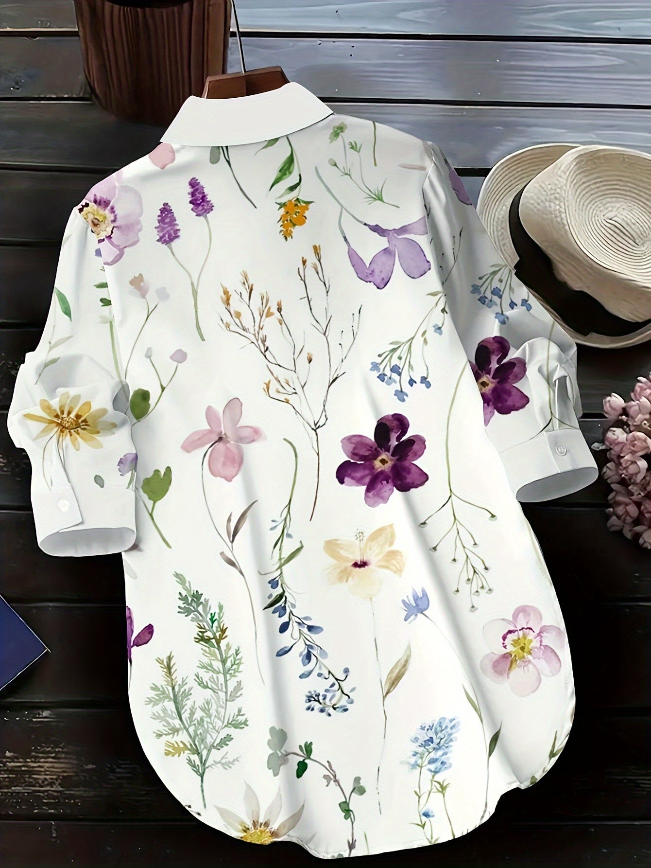 Floral Print Button Up Slim Shirt, Elegant Long Sleeve Curved Hem Shirt For Spring & Fall, Women's Clothing