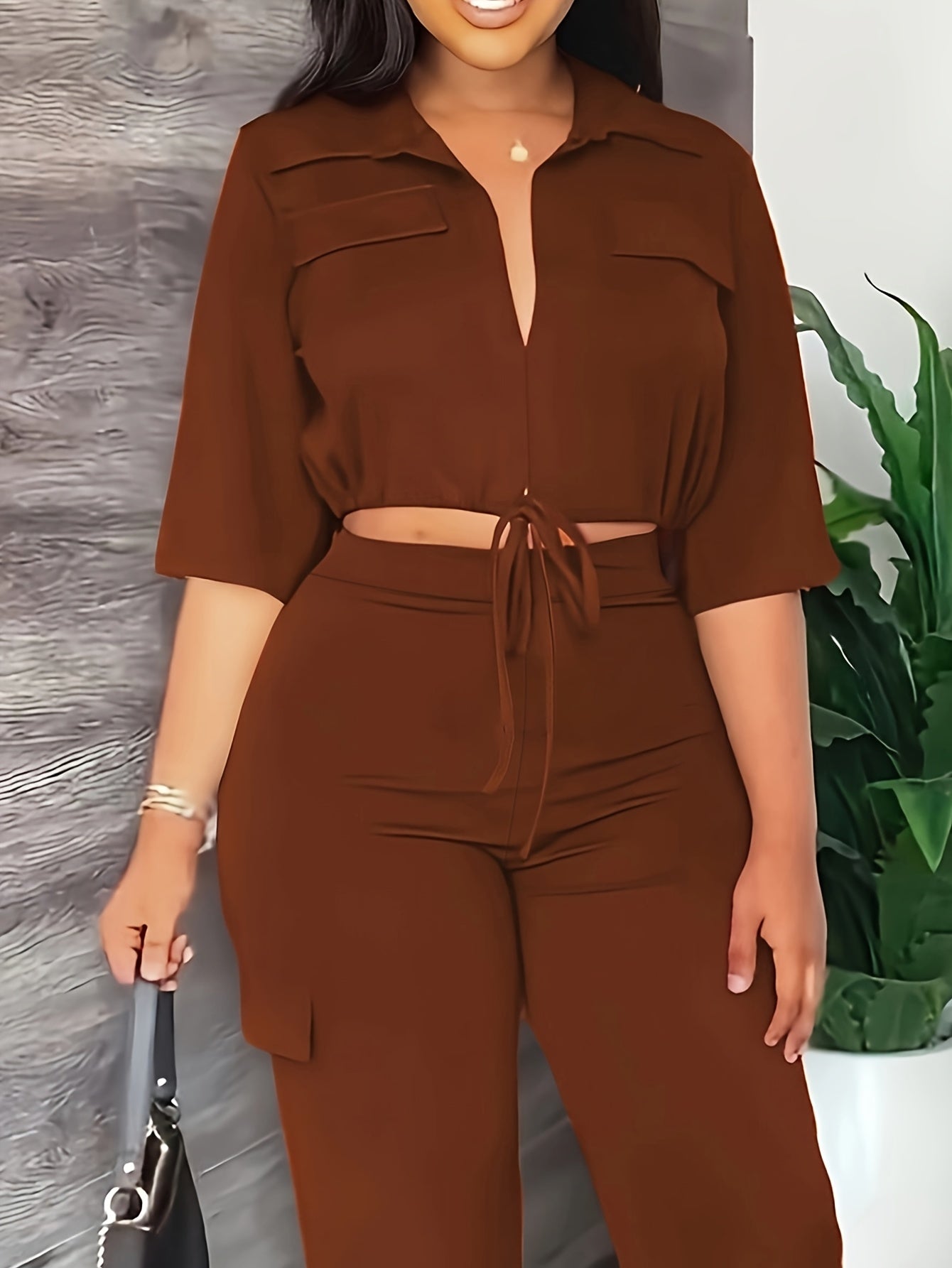 [Elegant Women's Outfit] Elegant Women's Outfit - High-Waisted Straight-Leg Pants with Drawstring Hem - Allseason Outfit, Glossy Fabric, European And American Style