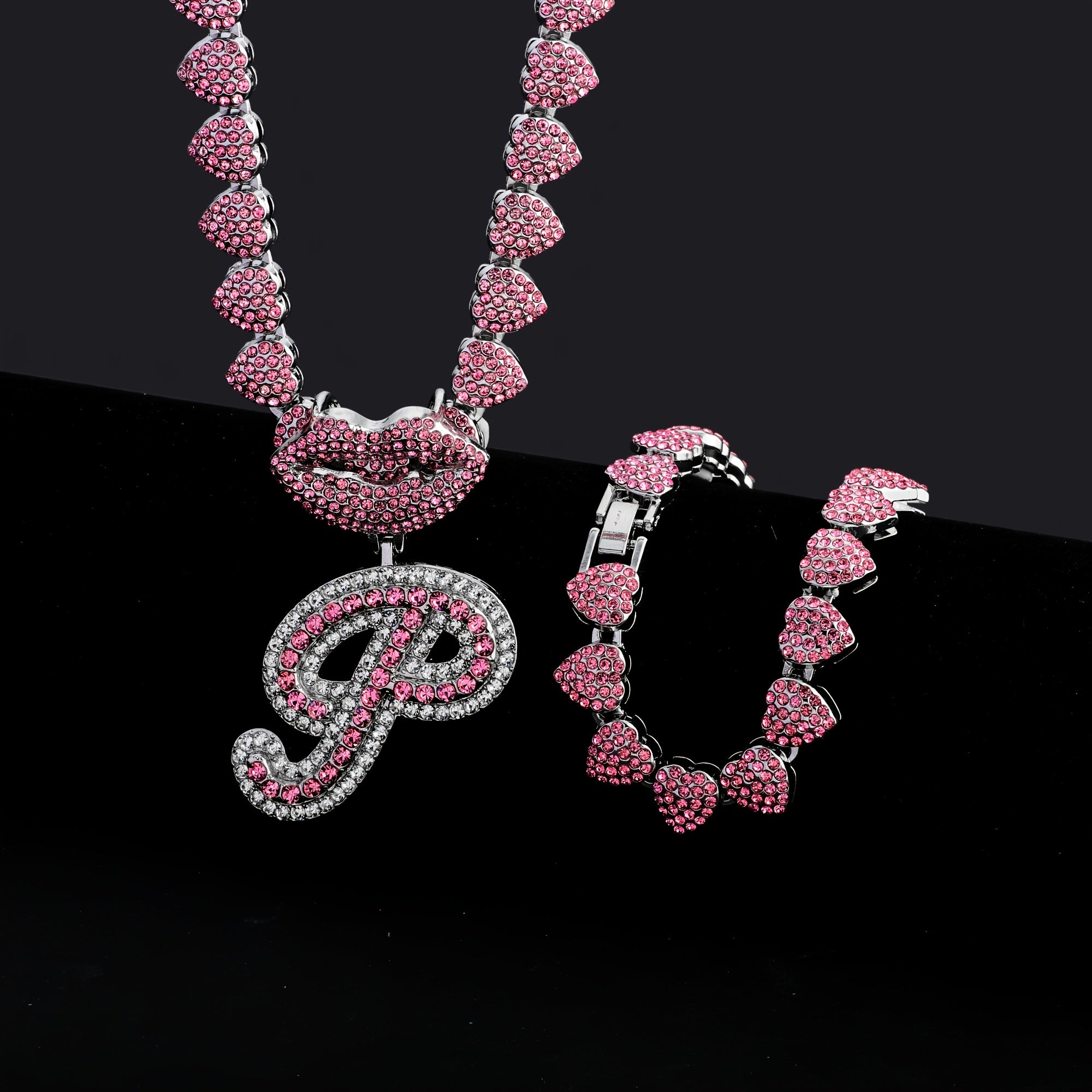 Hip Hop Y2K Style Pink Sexy Lips Pendant Necklace and Bracelet Set, A-Z Initials, Rhinestone Inlay, Zinc Alloy, Perfect for Daily Wear or Parties, Ideal Valentine's Day Gift for Men and Women, Hip Hop Jewelry