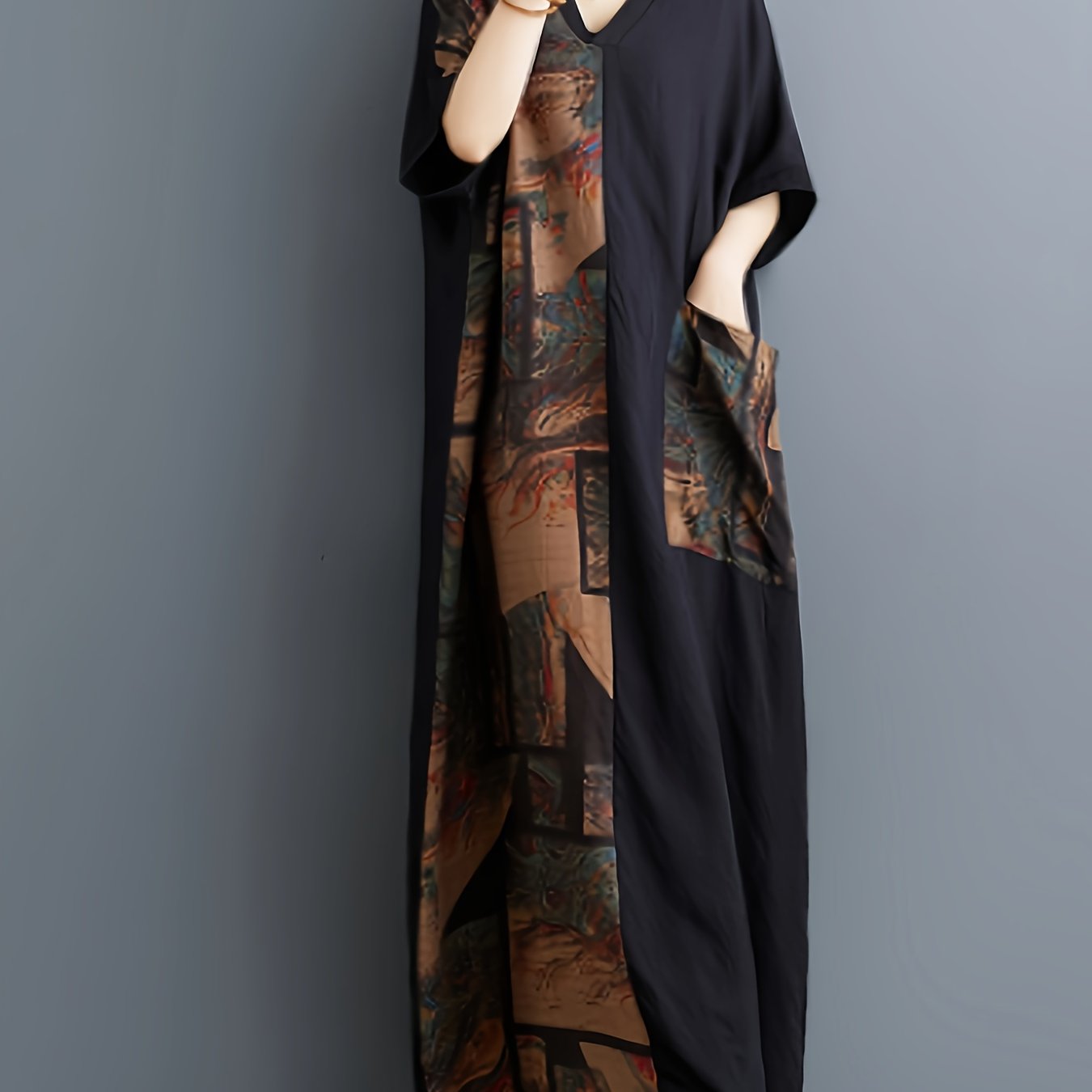 Women'S Casual Viscose Patchwork Dressing Gown, Non-Stretch Woven Fabric, Pocket Details, Spring/Summer/Fall Season, Adult Size