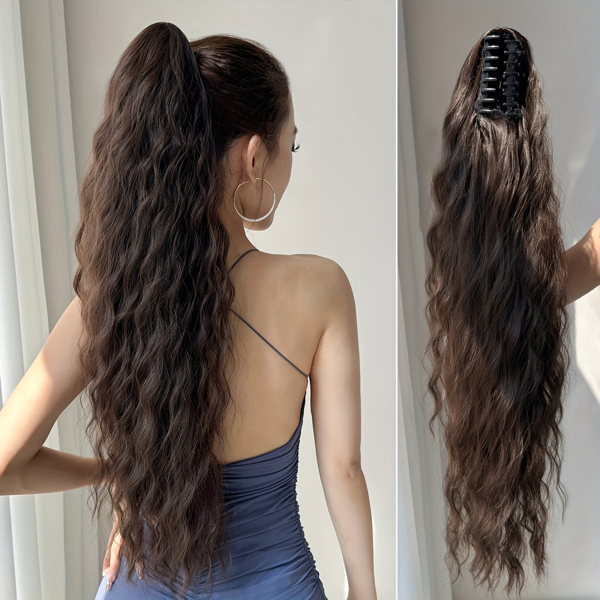 YUSULAXI Women'S 28-Inch Brown Wavy Ponytail Extension, High Temperature Fiber Clip-In Tailpiece, Synthetic Hairpiece for Ladies