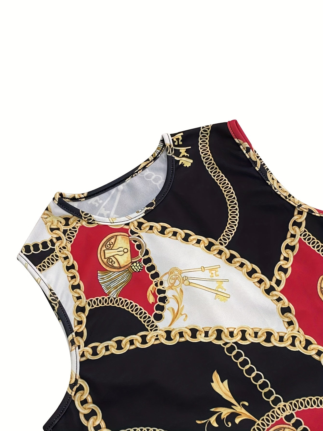 Summer 2019 Women’s Sleeveless Bodycon Midi Dress - Sexy Chain Print, Crew Neck, Stretch Polyester Blend, Black/Red/Golden Design, Machine Washable