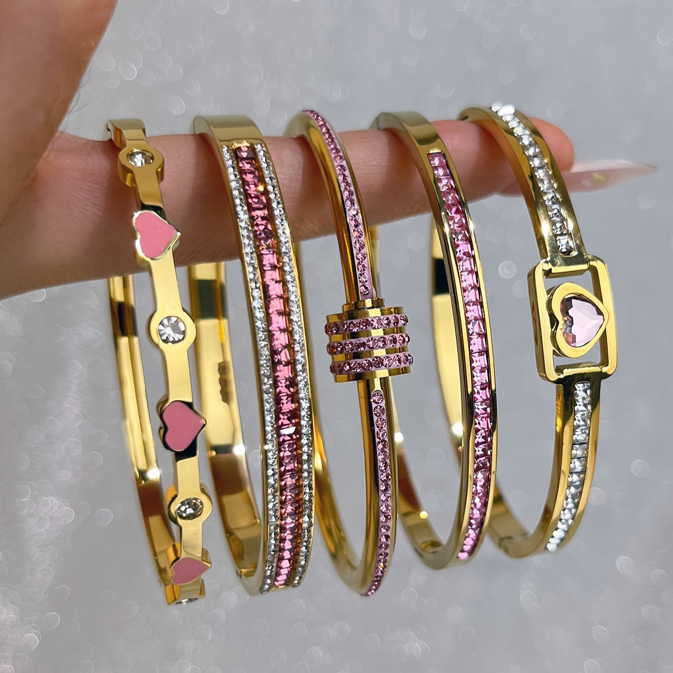 5pcs Elegant Golden-Toned Stainless Steel Bracelet Set with Heart Charms & Sparkling Rhinestones - Ideal Gift for Her, All-Season Wear, Delicate, Single Row Diamond, Triple Layer Diamond