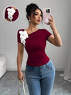 Women's Elegant 3D Floral Applique Knit Top - 100% Polyester, Medium Stretch, All-Season Versatile Black Shirt for Casual & Formal Outfits, Floral Print Blouse