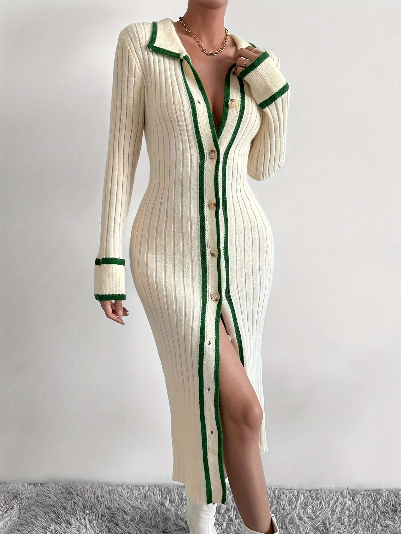 Stylish Contrast Trim Button Front Cardigan - Elegant Long Sleeve, Slim-Fit, Collar Detail, Versatile Dress for Spring & Fall Seasons, Women's Clothing for Everyday Wear