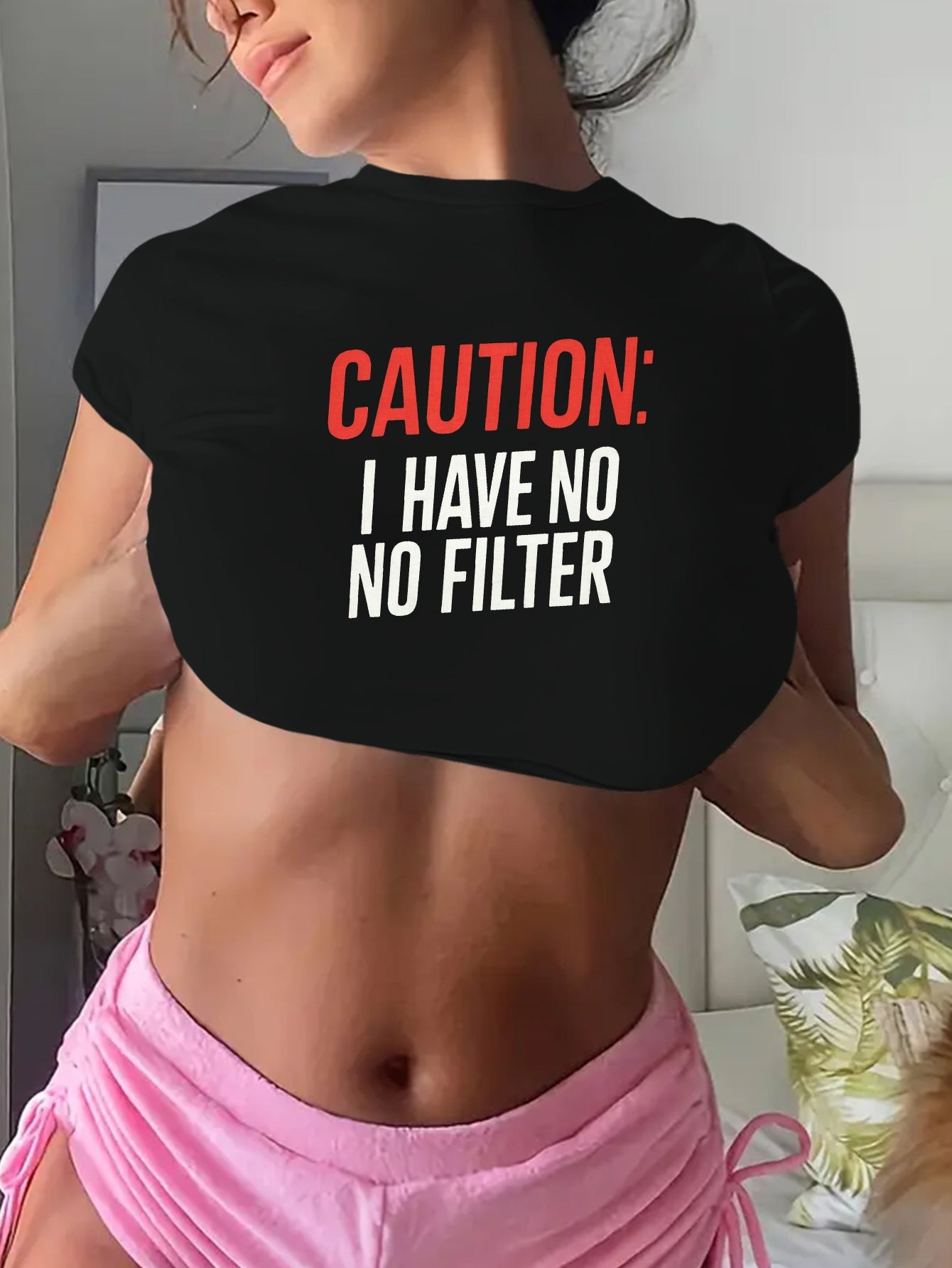 Y2K-Inspired "Caution: I Have No Filter" Graphic Crop Top T-Shirt for Women - Short Sleeve, Crew Neck, Stretchy Polyester Blend, Machine Washable, Casual & Playful Design