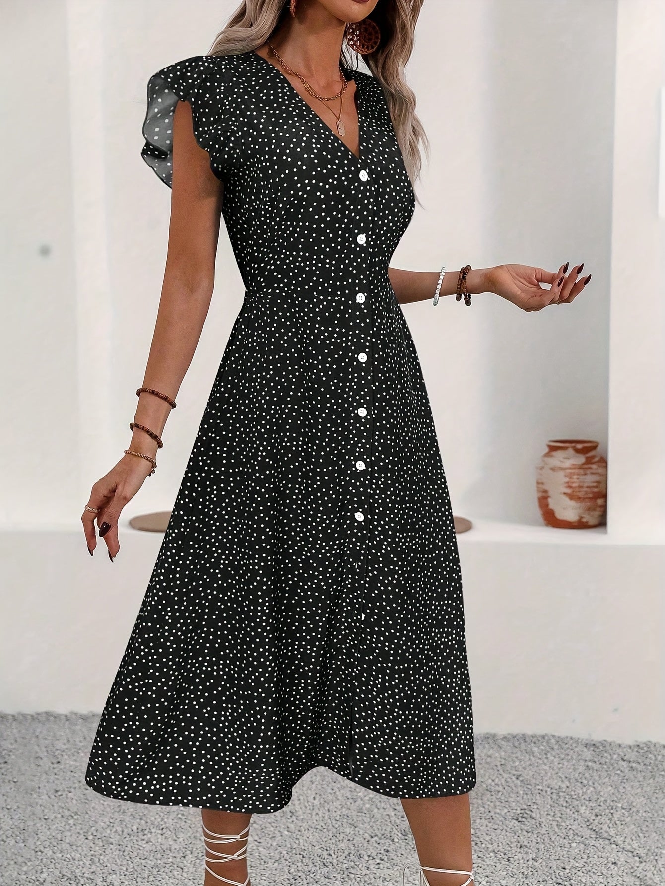 [Red Polka Dot Midi Dress] Red V-Neck Elegant Polka Dot Midi Dress for Women | with Ruffle Split Hem, Button Front Detail - Perfect for Summer Holidays