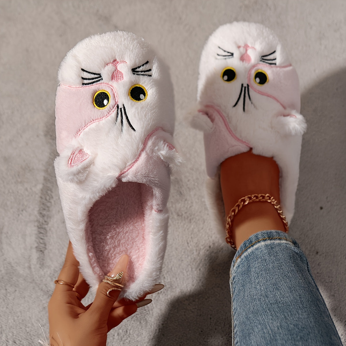Cute Cartoon Cat Design Slippers, Casual Slip On Plush Lined Shoes, Comfortable Indoor Home Slippers