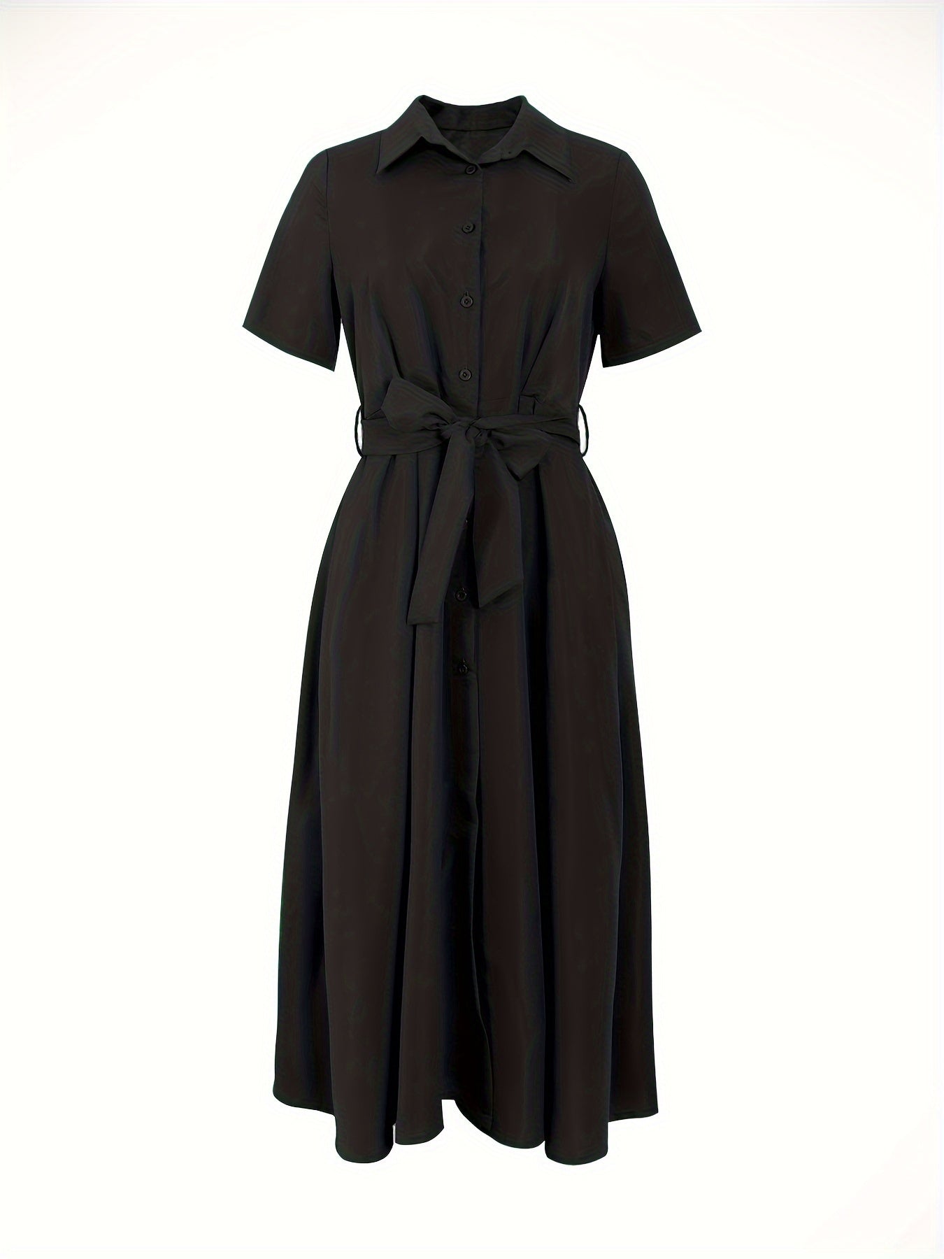 Elegant Women's Short Sleeve Shirt Dress - Solid Color, Polyester, Buttoned, Woven, Spring/Summer Collection, Adult, A-Line