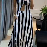 Casual Stripe Print Pants Set, Sweetheart Neck Split Hem Longline Tube Top & High Waist Flare Leg Pants Outfits, Women's Clothing