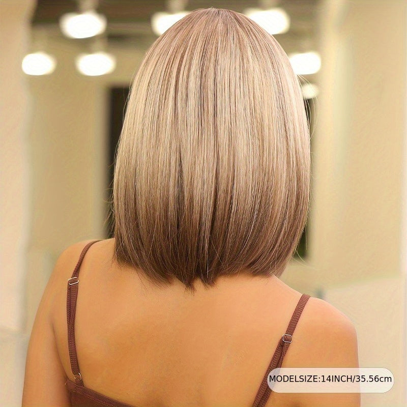 14 Inch Gray Ombre Brown BOB Wig with Bangs, Shoulder Length Hair Wig for Women, Realistic Synthetic Wig with Comfortable Net Cap
