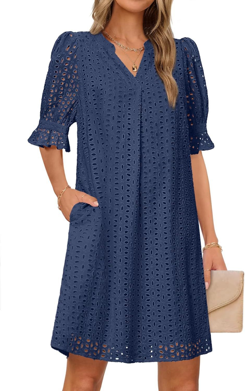 SpringSummer V Neck Pleated Collar Hollow Out Floral Lace Dress